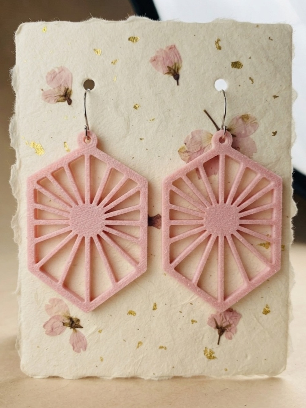 Pink Sunburst Hexagon Dangle Earrings - Brand
